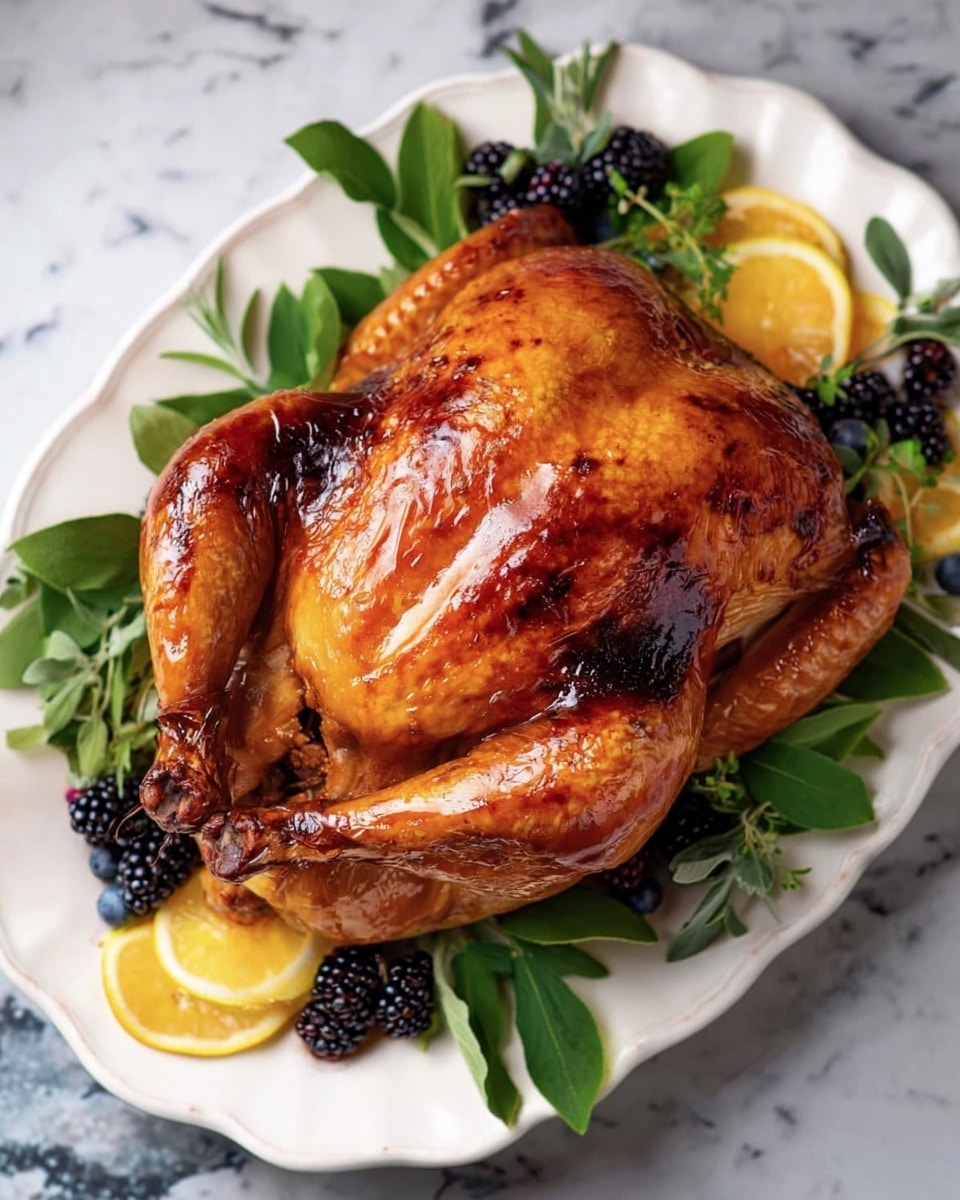 A golden brown roasted whole chicken is placed at the center of a white scalloped plate. The chicken’s skin is shiny and crispy, with a rich caramel color and a few darker roasted spots. Around the chicken on the plate, there are scattered green herb leaves, small bunches of fresh oregano, blackberries, lemon wedges, and a slice of orange, all resting on a bed of fresh green leaves. The background is a white marbled surface. Photo taken with an iphone --ar 4:5 --v 7
