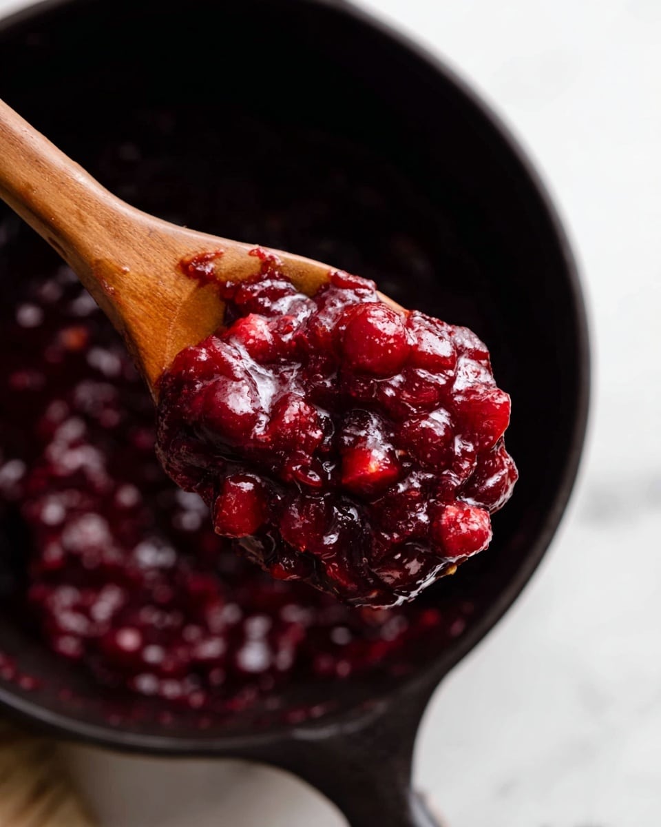 A wooden spoon holds a thick, dark red cranberry sauce with visible whole cranberries and small chunks, showing a shiny, sticky texture. The spoon is positioned above a black pot filled with more cranberry sauce. The background features a white marbled surface. photo taken with an iphone --ar 4:5 --v 7