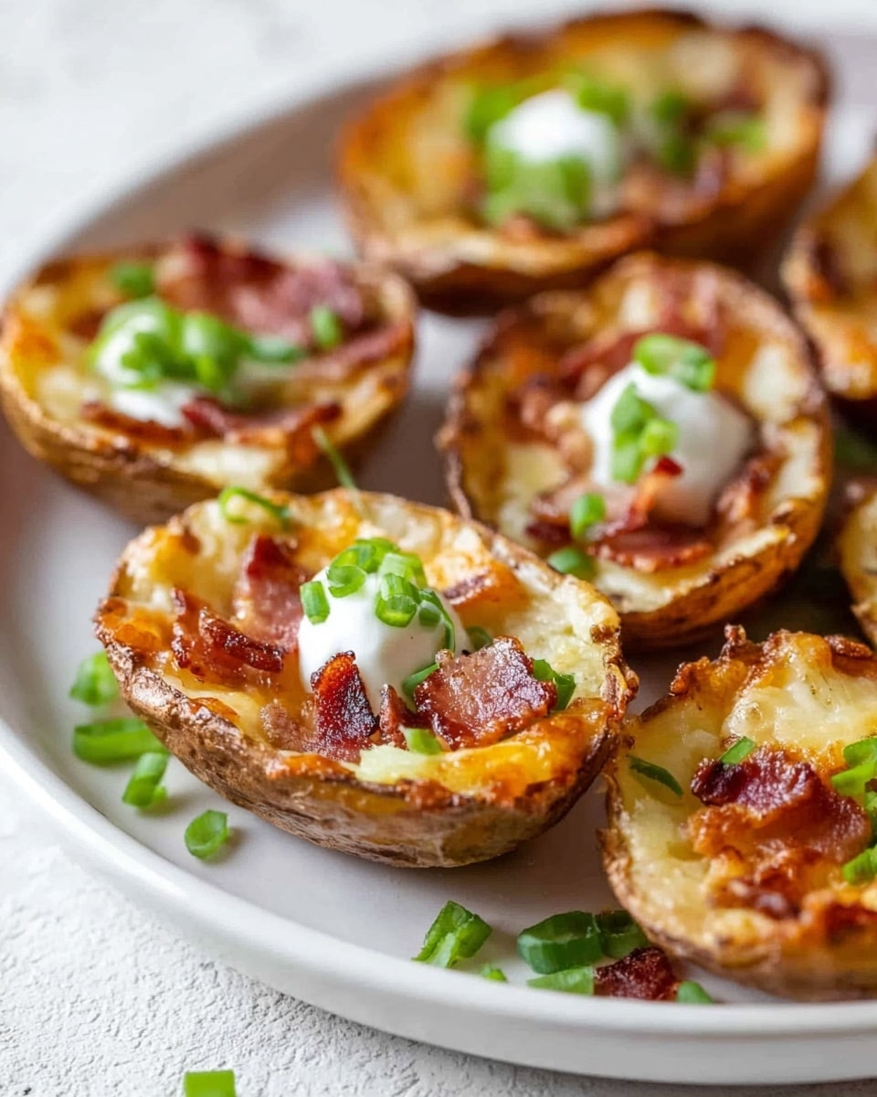 There are several small potato skins on a white plate with a white marbled texture surface underneath. Each potato skin has about four layers: the crispy, golden-brown potato shell on the bottom and sides, melted light yellow cheese covering the inside, small pieces of browned bacon scattered on top of the cheese, and bright green sliced scallions sprinkled over everything. On some potato skins, there is a dollop of creamy white sour cream in the center. The plate is slightly angled, showing the edges and some loose scallion pieces around the plate. photo taken with an iphone --ar 4:5 --v 7