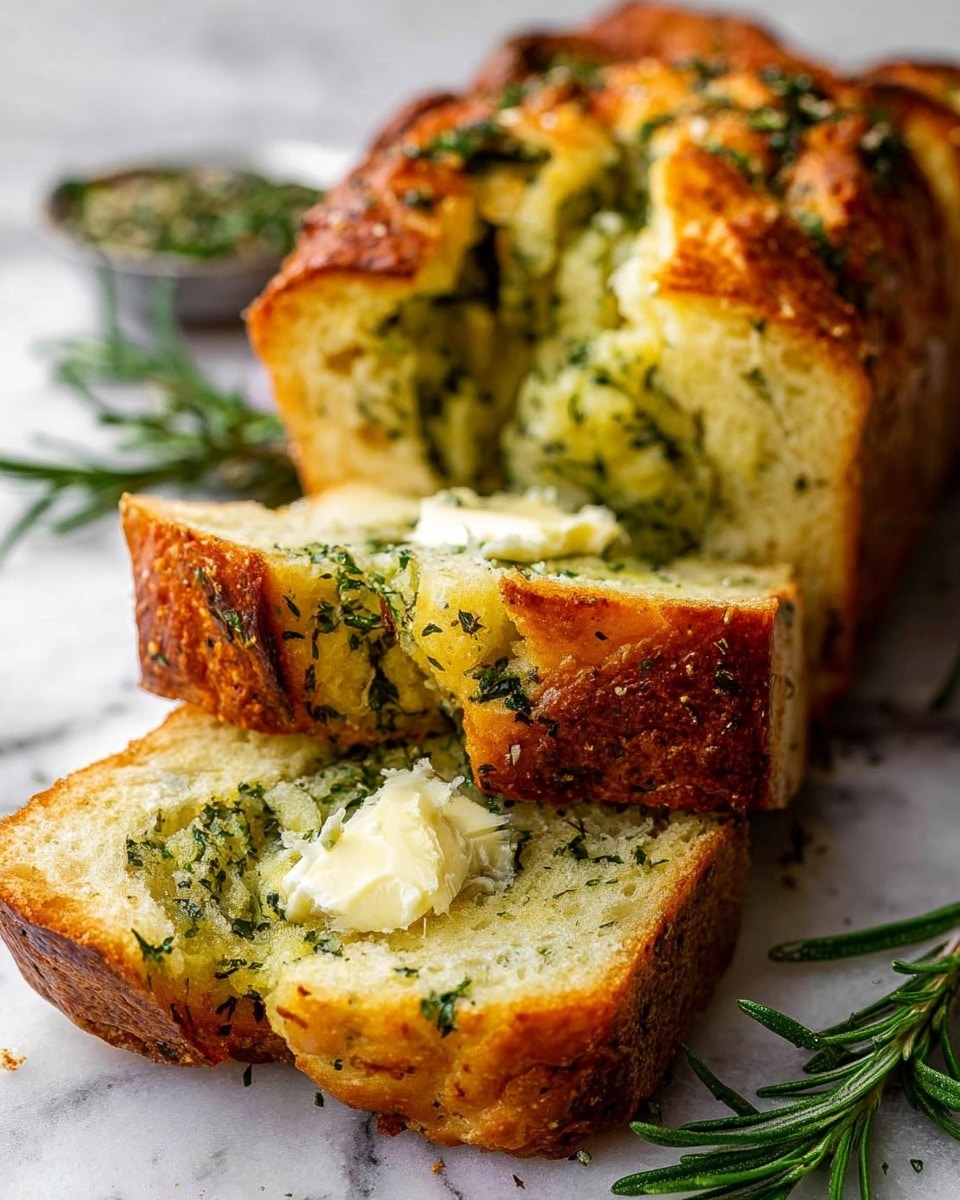 The image shows a loaf of herb bread sliced into thick pieces, placed on a white marbled surface. The bread has a golden-brown crust with a slightly crispy texture and visible herbs on top. Inside, the bread is light yellow with swirls of green herbs throughout each slice. A small pat of butter is melting on the top slice, adding a shiny texture and creamy contrast to the rough crumb. Fresh rosemary sprigs surround the bread, adding a touch of green and freshness to the scene. Photo taken with an iphone --ar 4:5 --v 7