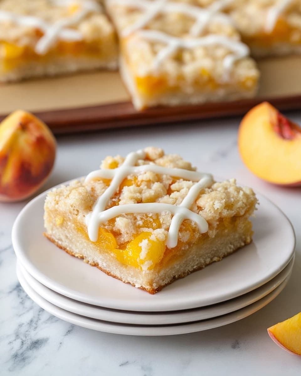 The image shows one piece of peach cake on a white plate with a white marbled texture background. The cake has two visible layers: the base layer is a soft, light golden sponge cake with a moist crumb texture, and the top layer has small pieces of bright orange peach embedded in it. There is a white icing in a zigzag pattern drizzled on top of the peach pieces. A dark metal fork is placed behind the cake on the plate. There are some small cake crumbs on the plate near the slice. Photo taken with an iphone --ar 4:5 --v 7