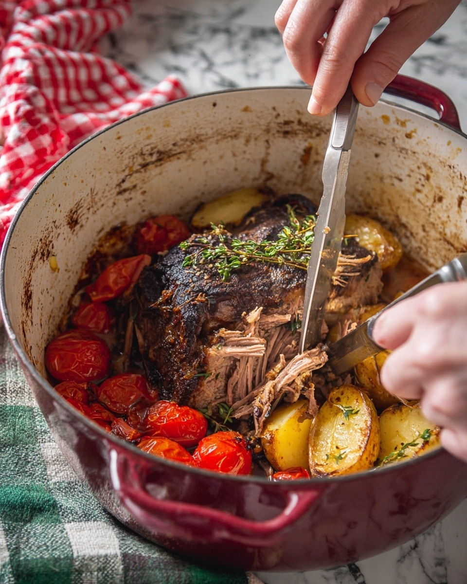A large white pot filled with layers of cooked ingredients sits on a white marbled surface with a green and white checkered cloth and a red and white checkered towel nearby. At the bottom are vibrant roasted tomatoes in red with wrinkled skin, and sliced golden-yellow vegetables, possibly potatoes or parsnips. On top of these is a large chunk of dark, well-cooked meat with a charred outer layer and soft, pinkish inside being sliced by a knife held in one woman’s hand, while a fork in a woman’s hand holds the meat steady. Sprigs of fresh green thyme lay on top adding a touch of color and herby texture. The pot’s inside walls show browned cooking marks, suggesting a slow-cooked meal. Photo taken with an iphone --ar 4:5 --v 7