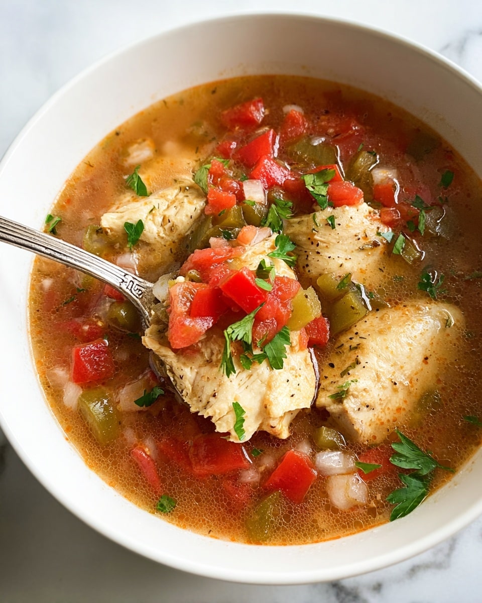 A white bowl holds a chicken soup with visible four large pieces of light golden cooked chicken in the center, surrounded by diced red tomatoes, green bell peppers, and small chunks of white onion in a clear, slightly reddish broth. Small green parsley leaves are sprinkled on top, adding fresh color. A silver spoon dips into the right side of the bowl. The bowl sits on a white marbled surface. Photo taken with an iphone --ar 4:5 --v 7