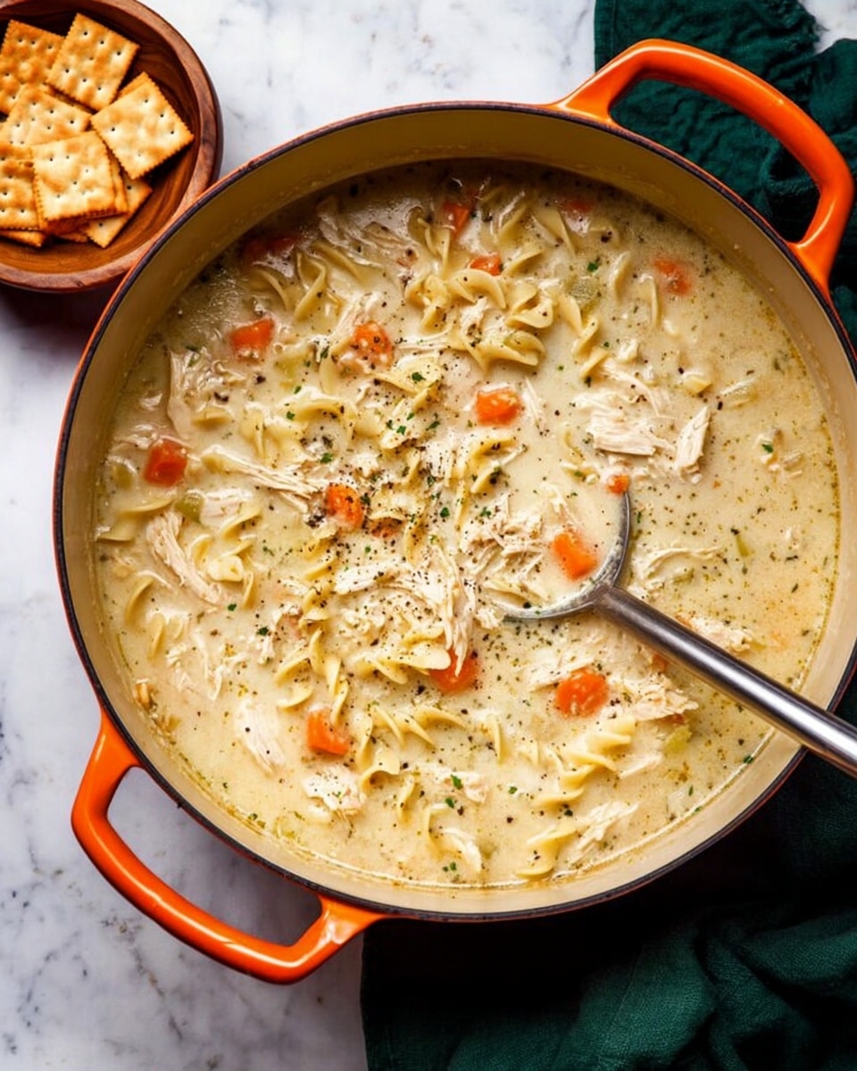 A large orange pot filled with creamy chicken noodle soup, showing three main layers: creamy broth in light beige with specks of black pepper, shredded chicken pieces in light brown scattered evenly, and small slices of carrot adding bright orange color throughout; chunks of pasta are mixed in with a soft, slightly curled texture; a large metal ladle rests inside the pot. A white marbled surface is beneath the pot, with a dark green cloth partly seen at the top, and a small wooden bowl filled with square crackers sits beside it. photo taken with an iphone --ar 4:5 --v 7