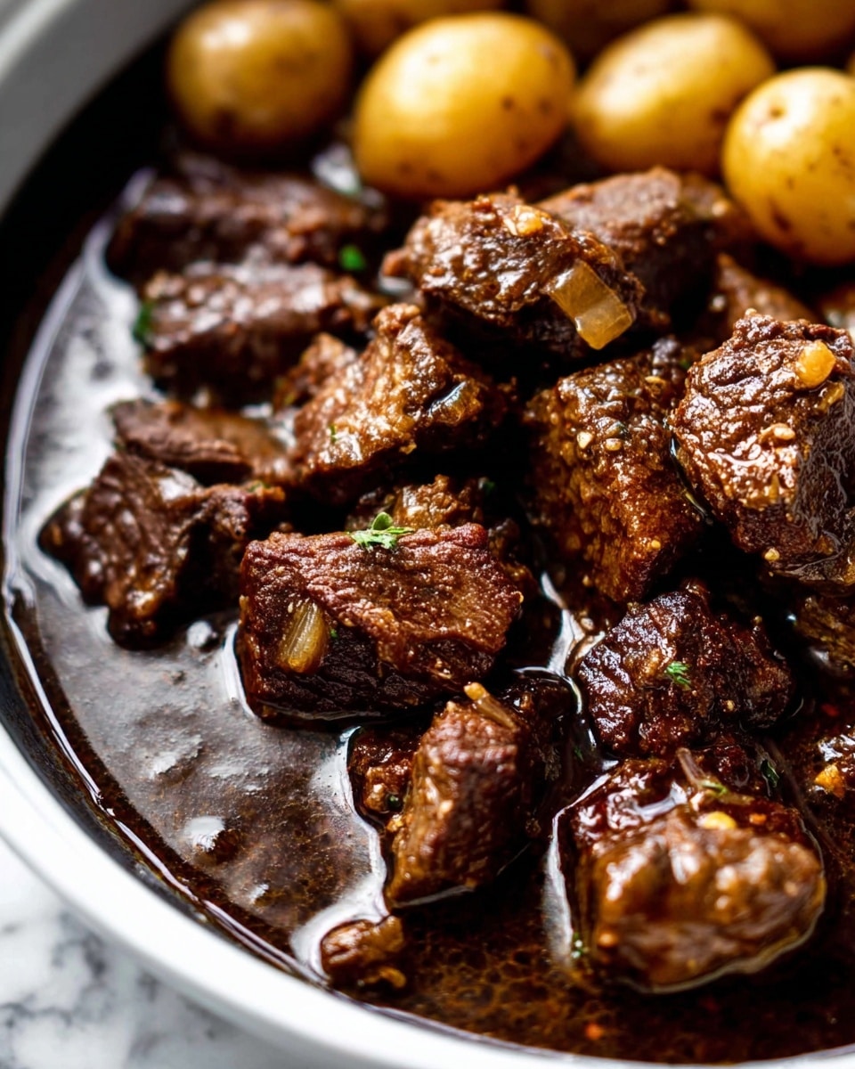 This close-up image shows a dark cooking pot filled with two main layers: the top layer consists of whole small potatoes with a golden brown color and a slightly shiny surface from the cooking juice. The potatoes have some small bits of minced garlic scattered on them. Below and slightly overlapping the potatoes is a layer of chunky pieces of browned meat, each piece coated with a bit of the cooking broth and also sprinkled with minced garlic. The broth itself is a rich brown color, pooling at the bottom of the pot, adding shine and moisture to the dish. The pot sits on a white marbled surface. photo taken with an iphone --ar 4:5 --v 7