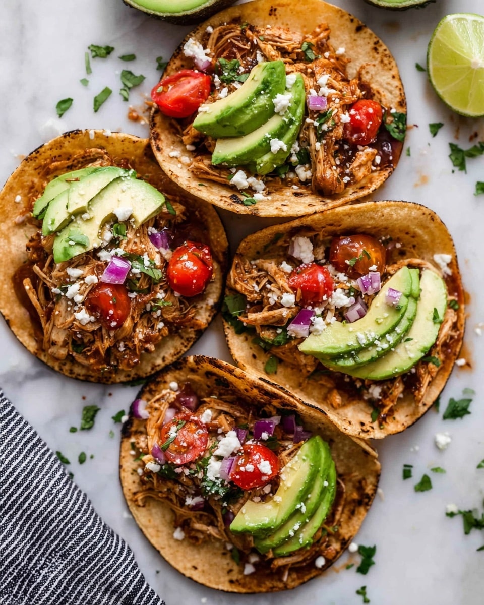 The image shows five small round corn tortillas on a white marbled surface, each topped with shredded seasoned meat that looks cooked and tender. On every tortilla, there is one slice of fresh, light green avocado placed on one side, and pieces of bright red tomato and small purple onion chunks scattered on top. The tacos are sprinkled with small white cheese crumbles and some green chopped herbs, likely cilantro. Around the tortillas, there are lime wedges and some loose green herbs scattered on the surface, adding freshness to the scene. A striped cloth is visible in the lower left corner, and a white bowl with more tomato and onion mixture sits at the top right corner. Photo taken with an iphone --ar 4:5 --v 7