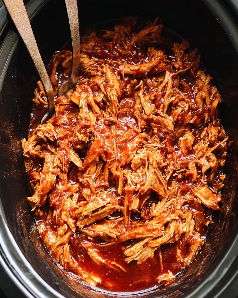 The image shows a close-up of shredded chicken covered in thick, dark red barbecue sauce, with pieces and strands of chicken tightly packed together inside a black pot. Two silver forks are partially stuck into the chicken, helping to pull the meat apart, showing the tender, moist texture of the chicken soaked in sauce. The sauce is glossy and coats the chicken unevenly, pooling slightly at the bottom of the pot. The overall color palette is rich with deep reds and light tan shades from the chicken fibers photo taken with an iphone --ar 4:5 --v 7