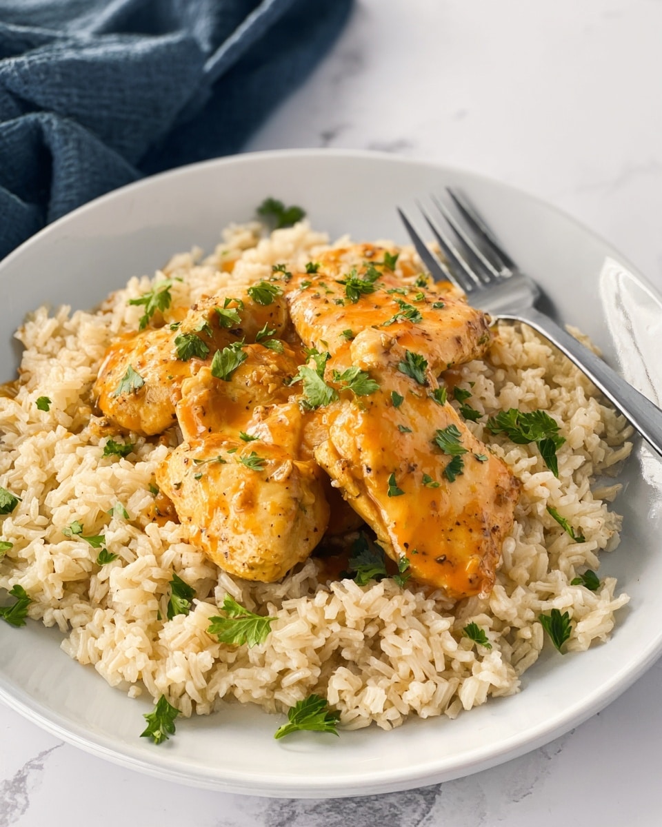 A white plate filled with a base layer of light beige rice with soft texture, spread evenly in a round shape. On top, three pieces of golden brown cooked chicken with a slightly crispy surface are placed closely together in the center. The chicken pieces are coated with a shiny light orange sauce that adds a moist look, and small green parsley leaves are scattered over the chicken and rice as a fresh garnish. A silver fork rests on the plate’s edge, and a white marbled surface supports the plate in the background. photo taken with an iphone --ar 4:5 --v 7