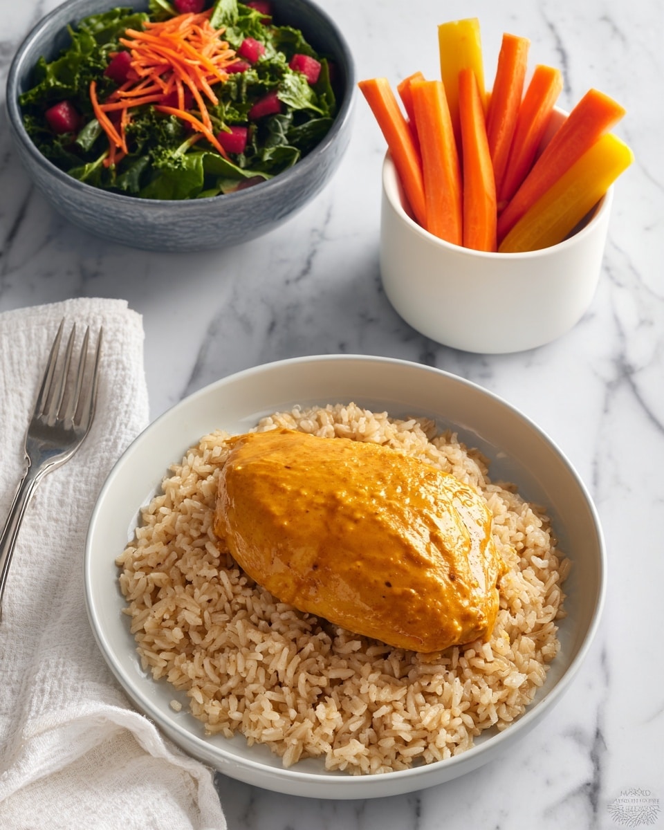 A white plate holds a bed of fluffy cooked rice with a light tan color and a slightly textured surface. On top of the rice, there are three pieces of golden-brown cooked chicken coated in a shiny, orange-tinted sauce with small black pepper specks. Fresh green herbs are scattered over the chicken for a splash of color. The plate is placed on a white marbled surface with a silver fork resting on the top edge of the plate. In the corner, part of a white bowl containing cut orange and pale yellow vegetables is visible. photo taken with an iphone --ar 4:5 --v 7