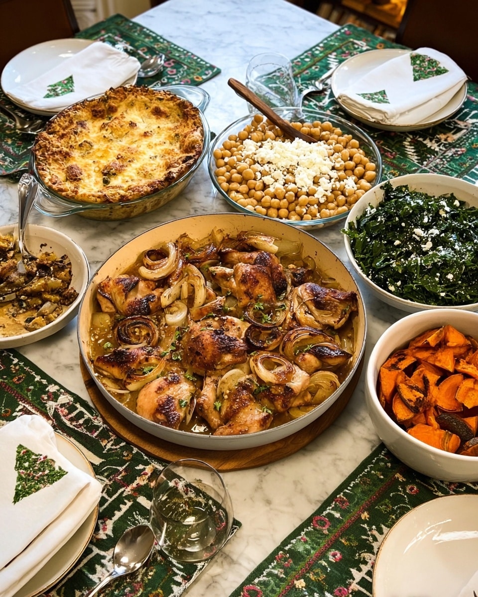 A round white pan filled with cooked chicken pieces layered with browned onion slices and garlic cloves, all in a light brown sauce, sits in the center of a table. To the left, there is a shallow clear dish with a golden-brown layered casserole topped with melted cheese. Below it is a white bowl holding cooked chickpeas with crumbled white cheese on top. On the right, a white bowl contains dark green cooked greens with a spoon inside. Further right is a clear dish with roasted orange sweet potato slices. The table has patterned placemats and napkins with green Christmas tree designs, and white plates are set around the table on a white marbled surface. Photo taken with an iphone --ar 4:5 --v 7