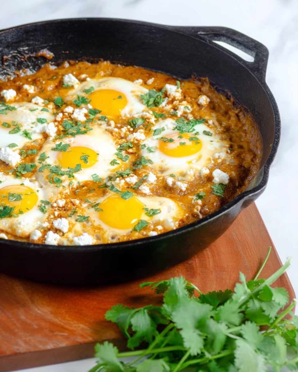 The image shows a black cast iron pan filled with a dish of a thick brown sauce spread evenly as the base layer. On top of the sauce, there are five cooked eggs with bright yellow yolks and white edges that form the second layer. Small pieces of white cheese and chopped green herbs are sprinkled over the eggs, adding texture and color contrast. The pan sits on a wooden board that has sprigs of green rosemary on the left side and a bunch of fresh cilantro on the right and bottom sides. To the left of the pan, there are four slices of brown bread arranged neatly in a vertical line. The background surface is a white marbled texture. photo taken with an iphone --ar 4:5 --v 7