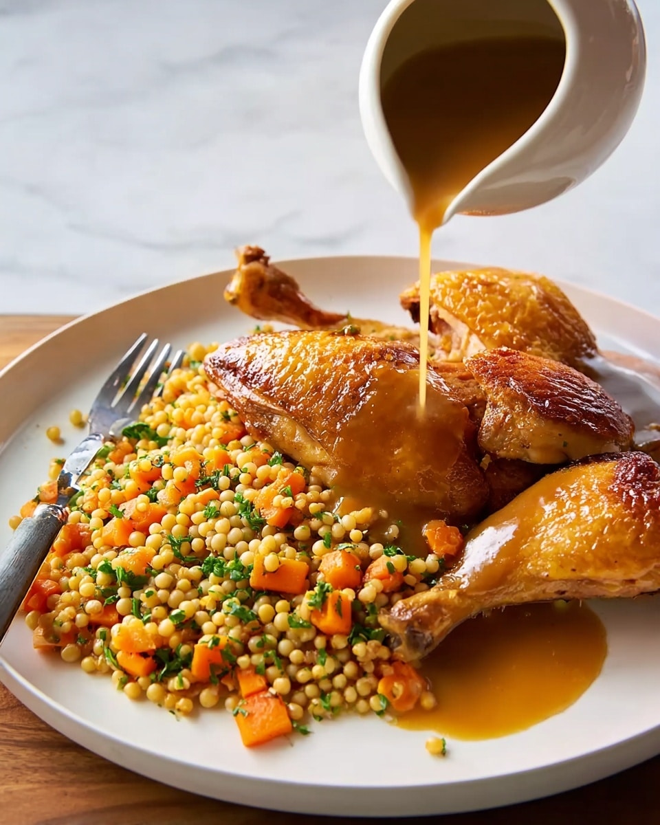 A white plate on a white marbled surface holds a meal with two main parts. On the left side, there is a mound of small round pasta mixed with small orange carrot cubes and brown lentils, giving a mix of pale yellow, orange, and brown colors with a soft texture. On the right side, three pieces of cooked chicken with golden brown crispy skin are stacked, including a wing and drumstick placed close together. A woman's hand is pouring smooth brown gravy from a small white pitcher over the chicken. Next to the plate, a fork and a knife with a yellow handle rest on a blue cloth napkin. Photo taken with an iphone --ar 4:5 --v 7