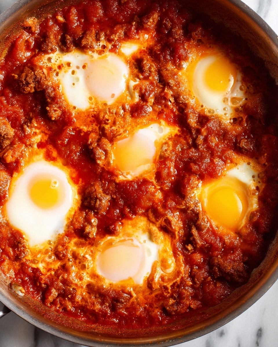 This close-up image shows a metal pan filled with a rich red tomato sauce mixed with chunky bits of browned meat or vegetables. On top of the sauce, there are five sunny-side-up eggs with bright yellow yolks and cooked white edges, partially submerged in the sauce. The sauce has a thick, textured look with small bubbles on the surface, giving it a warm, hearty feel. The pan rests on a white marbled surface. photo taken with an iphone --ar 4:5 --v 7