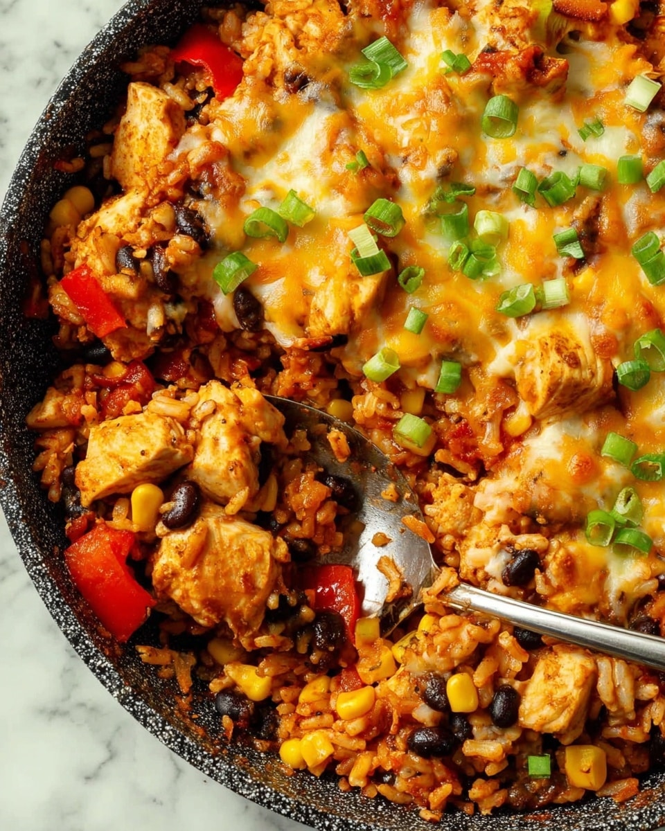 The dish shows a layered skillet meal with a base of cooked rice mixed with black beans and yellow corn kernels, topped with chunks of cooked chicken and pieces of red and yellow bell peppers. A layer of melted cheese covers much of the top, browned in spots, and chopped green onions are scattered over the cheese. The skillet has a speckled surface, and a silver spoon is placed inside, scooping a portion of the food. The background is a white marbled texture photo taken with an iphone --ar 4:5 --v 7