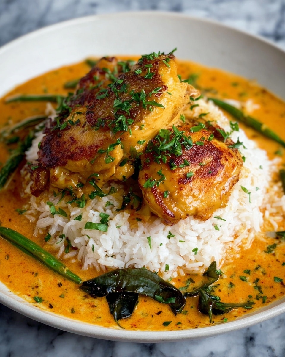 A white plate holds a base layer of fluffy white rice in the center. On top are two golden-brown cooked chicken pieces, one larger and one smaller, both sprinkled with chopped green herbs. Surrounding the rice and chicken is a creamy orange sauce with visible green beans and dark green leaves scattered throughout. The sauce slightly pools around the edges of the rice, creating a rich, colorful frame. The whole plate rests on a white marbled surface. photo taken with an iphone --ar 4:5 --v 7