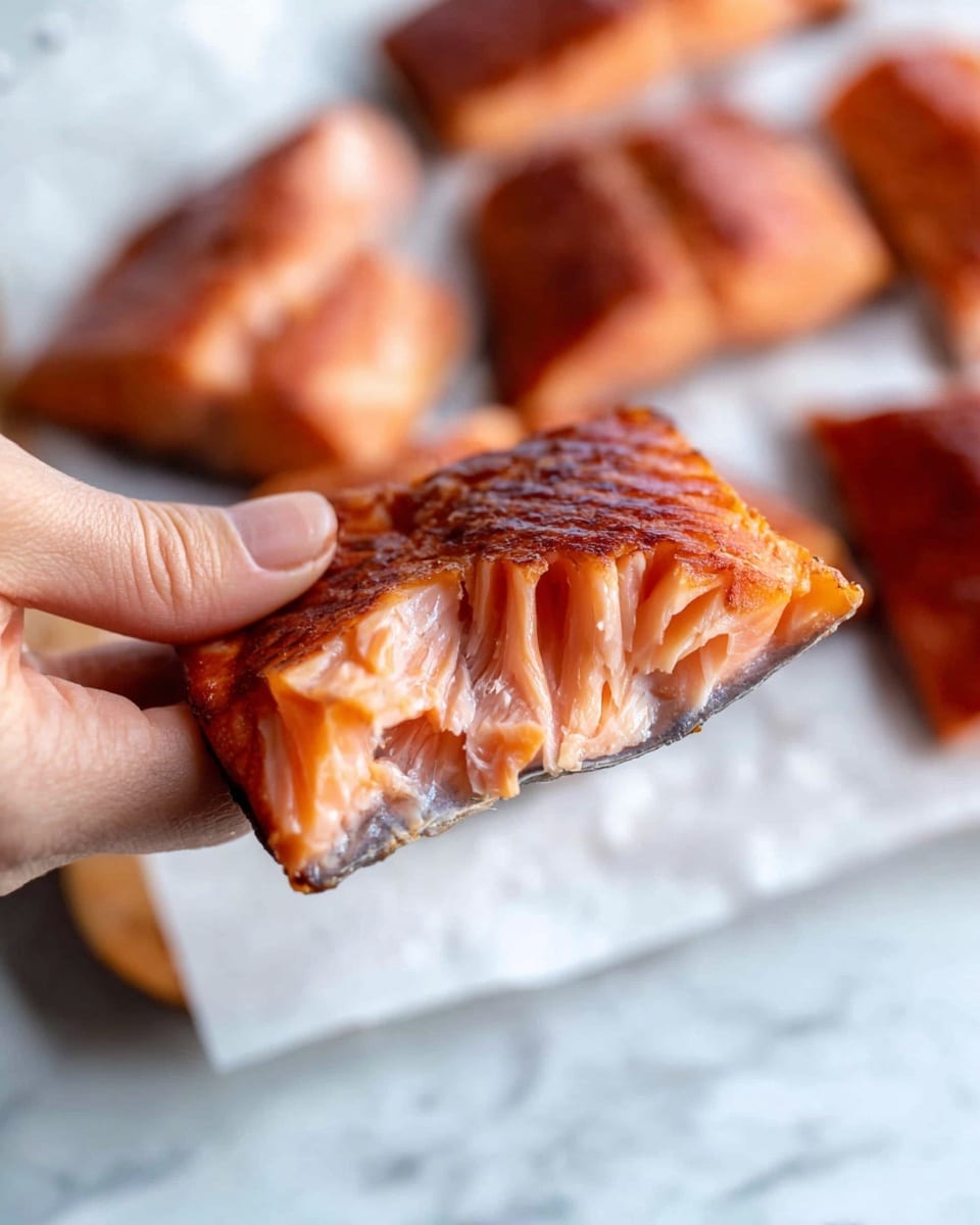 A close-up of a woman's hand holding a piece of cooked salmon with a shiny, golden-brown skin layer on top. The inside shows several layers of tender, pinkish-orange fish meat with some darker striations and a soft texture. In the blurred background, more pieces of salmon are laid out on a white marbled surface. Photo taken with an iphone --ar 4:5 --v 7