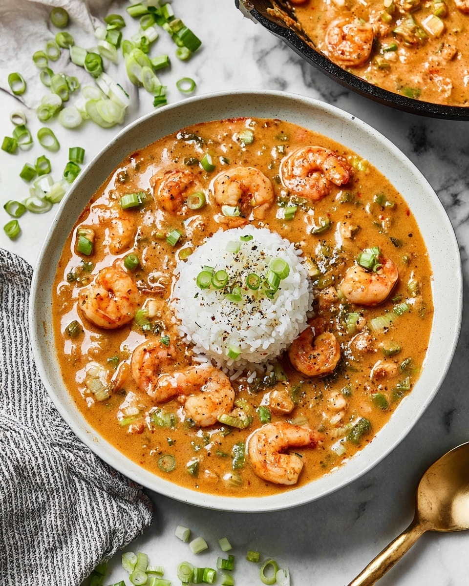 The image shows a white bowl filled with a thick orange-brown shrimp stew containing many small pink shrimp and pieces of green vegetables. In the center of the stew is a dome of white rice topped with some slices of green onion. The stew has a slightly shiny texture and is sprinkled with black pepper and more green onion slices. The bowl is placed on a white marbled surface scattered with more chopped green onions. In the background, there is a black pan with more stew and parts of a white dish with rice. A striped cloth and a gold spoon are on the lower left side of the image. photo taken with an iphone --ar 4:5 --v 7