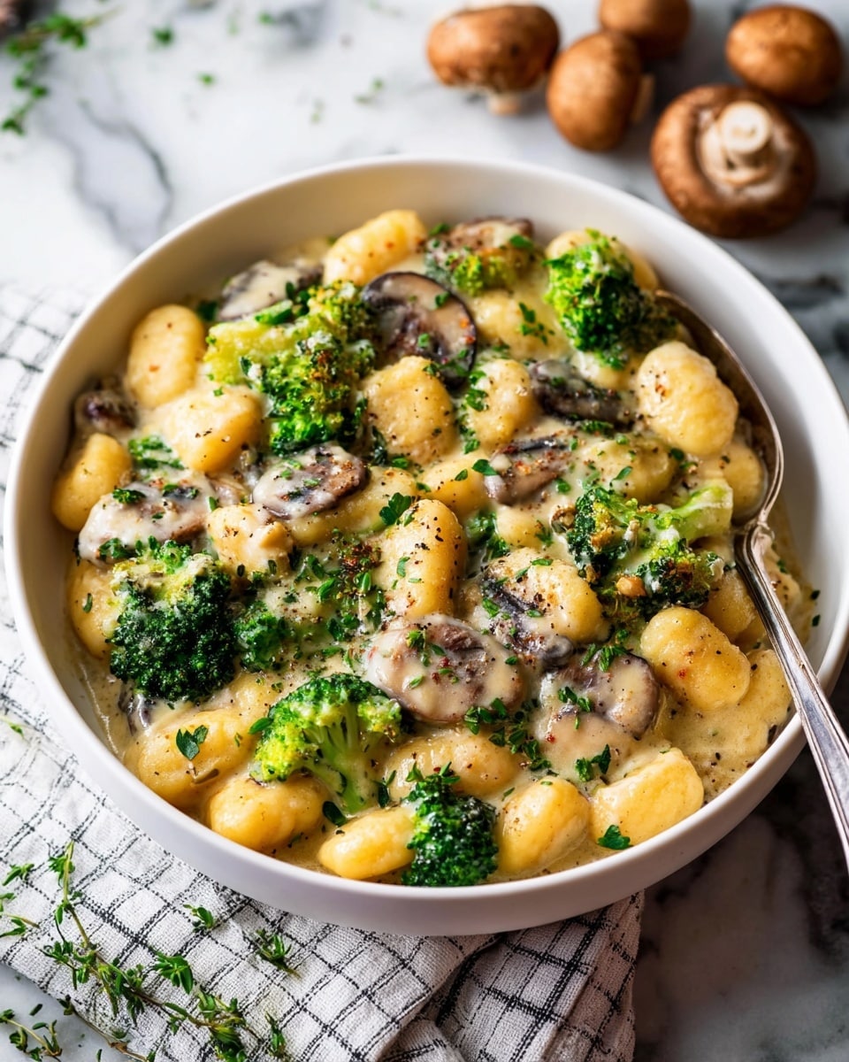 The image shows a large white bowl filled with a creamy dish of golden brown gnocchi mixed with bright green broccoli florets and light tan sliced mushrooms. The creamy sauce coats the gnocchi and vegetables evenly, creating a smooth texture with small herbs sprinkled on top for color contrast. A silver spoon rests inside the bowl, and the bowl sits on a white cloth with a simple checked pattern, placed on a white marbled surface. The background is softly blurred with whole mushrooms visible for a rustic feel. Photo taken with an iphone --ar 4:5 --v 7