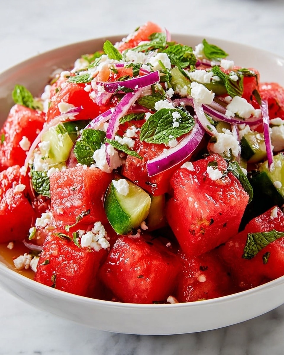A white bowl holds a fresh watermelon salad with about three layers visible: the base layer is large, bright red cubes of watermelon with a wet, juicy texture; the middle layer has chunks of green cucumber and thin slices of purple-red onion mixed throughout; on top, there are crumbles of white feta cheese scattered around with green mint leaves adding a fresh touch. The colors are vibrant against the white bowl and the scene is set on a white marbled surface. photo taken with an iphone --ar 4:5 --v 7