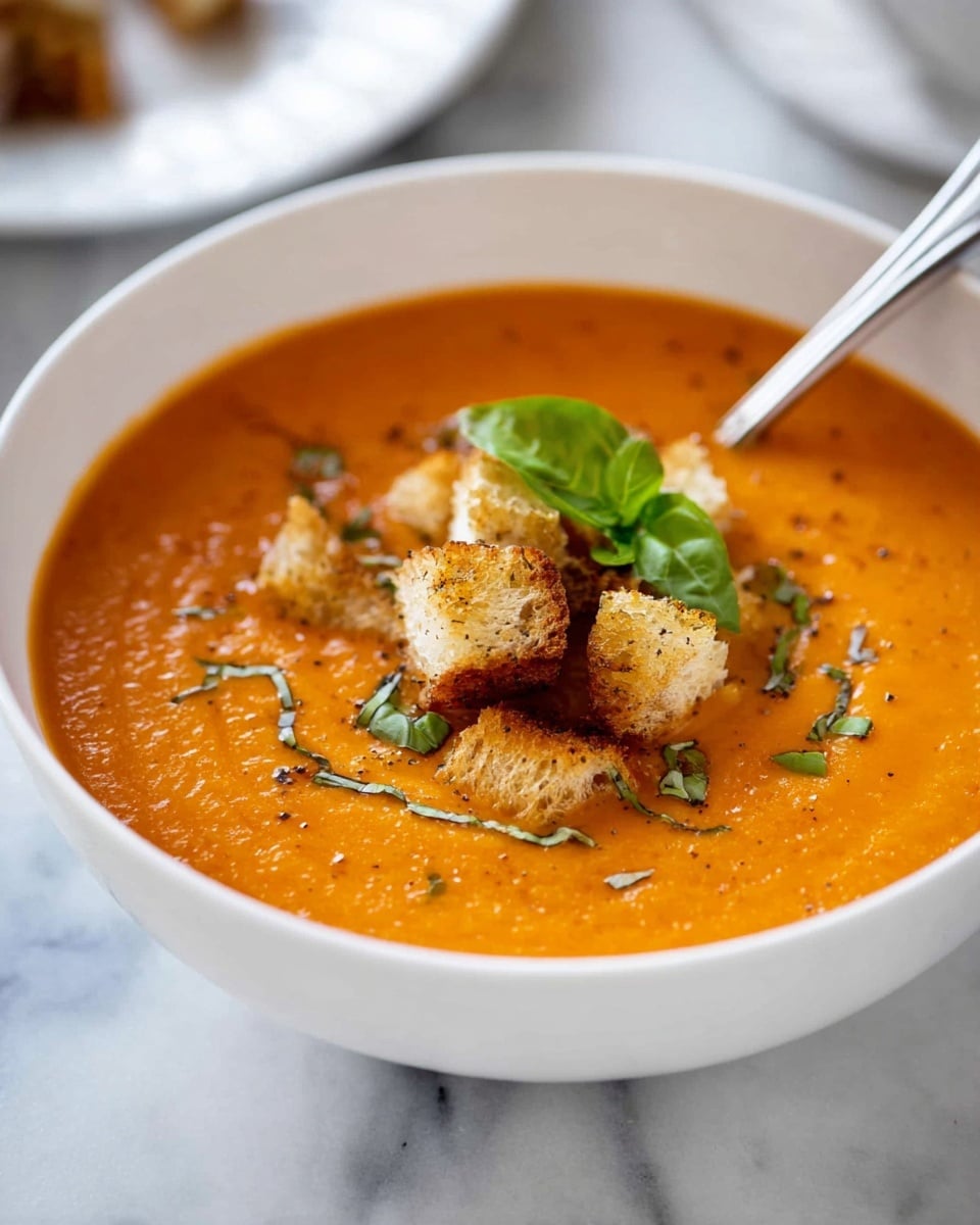 A white bowl filled with thick orange tomato soup, topped with several golden brown croutons arranged in the center, sprinkled with small green herbs and fine shreds of cheese. A silver spoon rests inside the bowl, leaning to the side. The bowl sits on a white marbled surface, creating a clean and bright background. Photo taken with an iphone --ar 4:5 --v 7