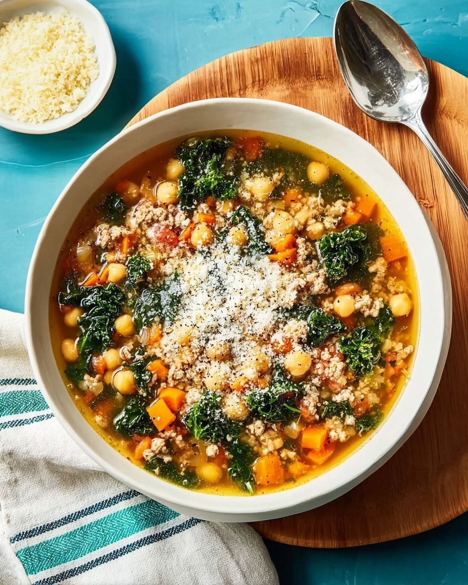A white bowl filled with a thick soup containing many small pieces of light brown beans, orange carrot cubes, and dark green leafy vegetables mixed throughout a brown broth. On top of the soup, there is a small mound of white grated cheese placed in the center, adding a fine texture contrast. The bowl is placed on a white marbled surface with a silver spoon resting next to it and a blue and white cloth partially visible on the side. The lighting highlights the fresh ingredients and their different textures. photo taken with an iphone --ar 4:5 --v 7