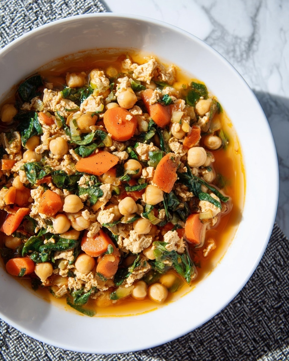 A white bowl filled with a stew made of small round chickpeas, orange carrot pieces, light beige tofu crumbles, and chopped green leafy vegetables in a light reddish-orange broth. The chickpeas and carrots are scattered throughout in an even mix with the tofu and greens, creating a colorful and textured look. The broth is thin enough to show the ingredients clearly but adds a shiny wet layer around them. The bowl sits on a white marbled surface with a gray woven placemat partially visible underneath. Photo taken with an iphone --ar 4:5 --v 7