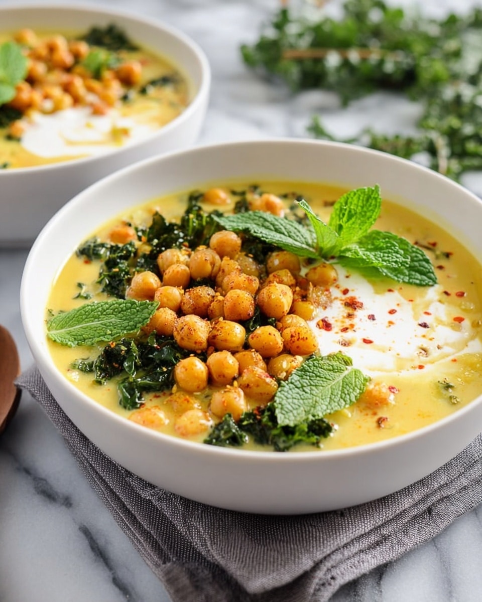 The image shows a white bowl filled with a creamy yellow soup with visible chickpeas and kale leaves inside. On top, there is a layer of roasted chickpeas that are golden brown, scattered with a few chili flakes. Fresh green mint leaves sit on the roasted chickpeas, adding a bright touch. In the center, there are small dollops of white yogurt or cream, partially mixed with the soup. The bowl is placed on a white marbled surface, with a gray cloth napkin nearby and some green herbs blurred in the background. A second bowl of the same soup is slightly out of focus behind the first. photo taken with an iphone --ar 4:5 --v 7