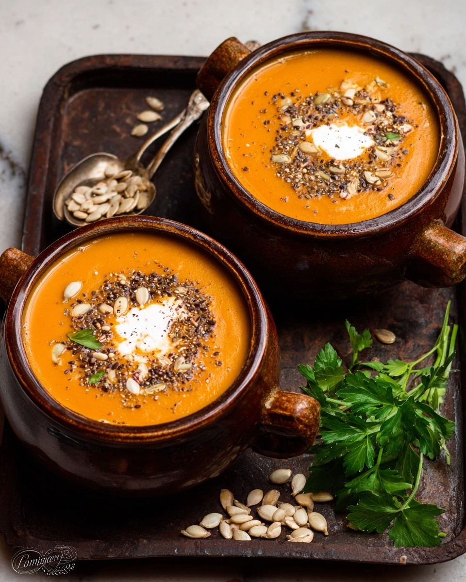 Two brown rustic bowls filled with smooth orange soup sit on a round black tray on a white marbled surface. Each bowl has a swirl of white cream in the center, topped with toasted seeds and nuts scattered on top. There are some loose seeds scattered around the tray and a small bunch of green parsley on the side. The soup looks warm and creamy with a light sprinkle of pepper on top. Photo taken with an iphone --ar 4:5 --v 7