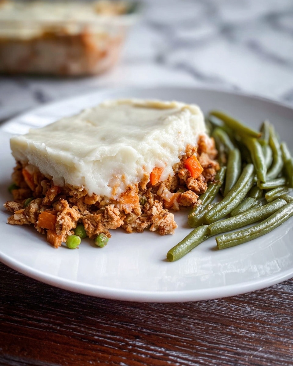 A white plate holds a serving of a two-layer dish and green beans on the side. The bottom layer is uneven, with a mix of brownish-orange textured pieces that look like cooked chunks mixed with small bits of orange and green vegetables. The top layer consists of a smooth, thick, creamy white spread that covers the filling almost fully but is slightly raised and intact. To the right of the two-layer dish, there is a small pile of cooked green beans with a shiny, slightly wrinkled texture. The plate rests on a dark wooden surface with a white marbled texture background. Photo taken with an iphone --ar 4:5 --v 7
