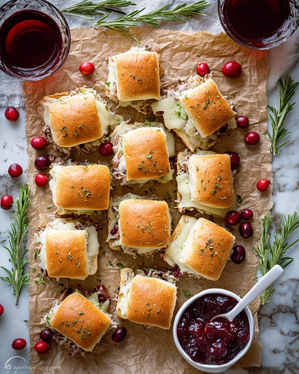 The image shows a close-up of seven small sandwich sliders with soft, golden-brown tops sprinkled with herbs and black pepper. Each slider consists of two layers of fluffy white buns, and inside there is a mix of creamy white melted cheese and thin slices of light-colored meat. The sliders are placed on a light brown parchment paper that lies on a white marbled surface. In the background, there is a tall glass of dark red drink and some green rosemary sprigs along with bright red cranberries near the bottom edge. The photo taken with an iphone --ar 4:5 --v 7