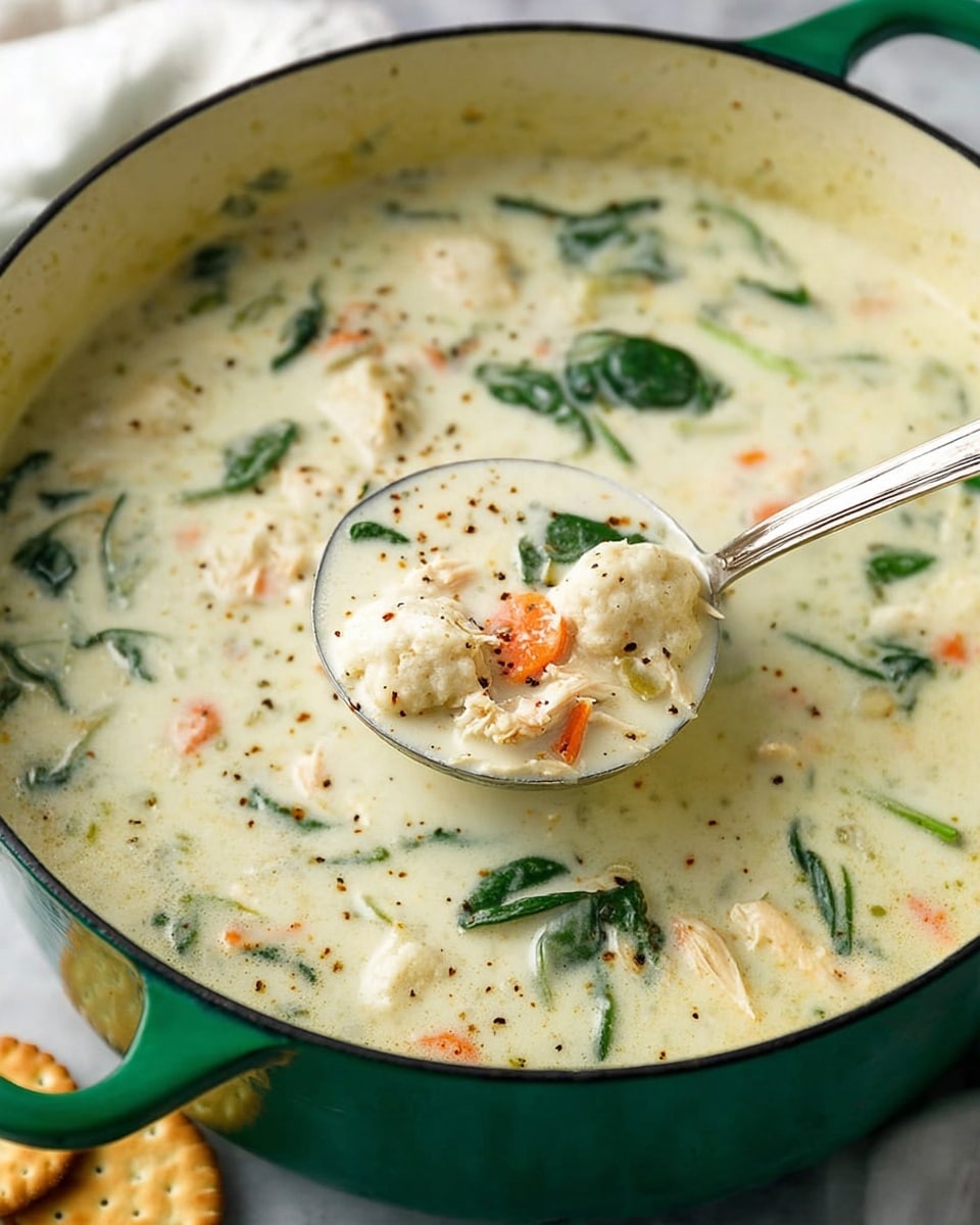 A large green pot filled with thick creamy white soup containing several ingredients including small white biscuit pieces, green spinach leaves, orange carrot bits, and small fowl pieces, all mixed throughout the soup. A silver ladle is scooping a portion of the soup, showing the creamy texture with some pepper flakes visible on the surface. The pot is placed on a white marbled surface with a few small round crackers nearby. photo taken with an iphone --ar 4:5 --v 7