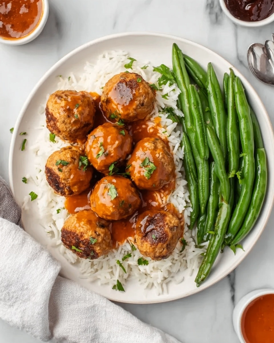 A white round plate on a white marbled surface holds a neatly arranged meal with three main parts: six golden-brown meatballs covered with a shiny reddish-orange sauce sit in the center on a bed of fluffy white rice, while a vibrant pile of cooked green beans rests on the right side of the plate. The meatballs have a rich, slightly textured surface, with the sauce pooling slightly around them and streaked with small green herbs. The green beans look fresh and crisp, aligned side by side. Nearby, a woman's hand holds a white cloth napkin just touching the bottom left corner of the plate, and small bowls with sauces are placed on the top right and bottom right edges of the image. Photo taken with an iphone --ar 4:5 --v 7