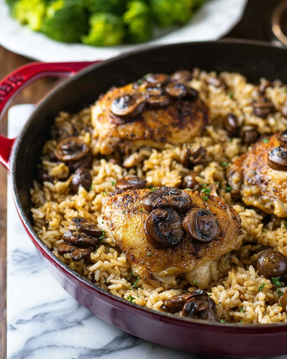 A lightly browned cooked chicken piece with a slightly crispy texture sits on top of a bed of creamy brown risotto with pieces of cooked mushrooms mixed throughout, garnished with small green herb bits on the chicken and risotto. The dish is served on a white plate placed on a folded light gray cloth over a white marbled surface. A glass with a red liquid is blurred in the background. photo taken with an iphone --ar 4:5 --v 7