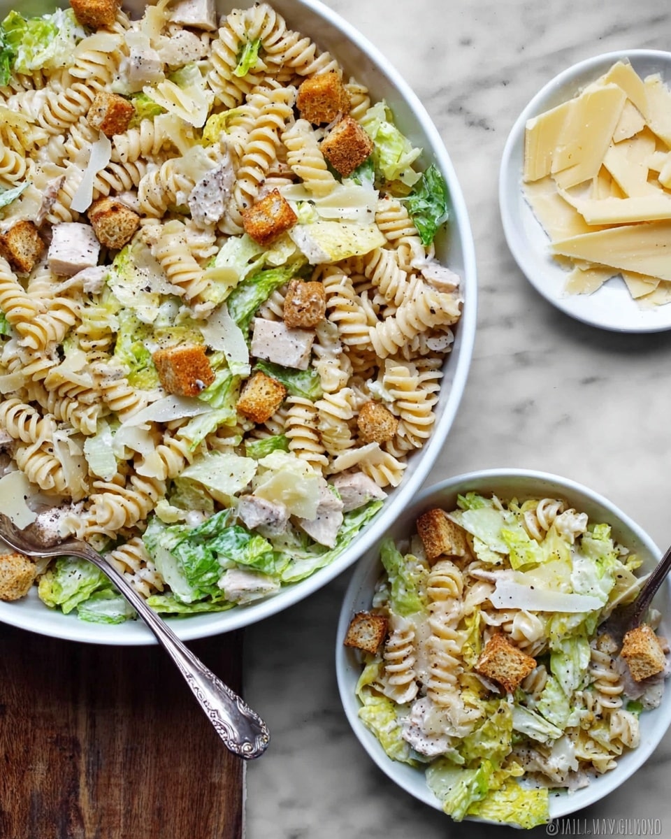 This image shows a close-up of a pasta salad with several layers: twisted rotini pasta in a light cream color forms the base layer, mixed with fresh green romaine lettuce pieces of varying sizes=