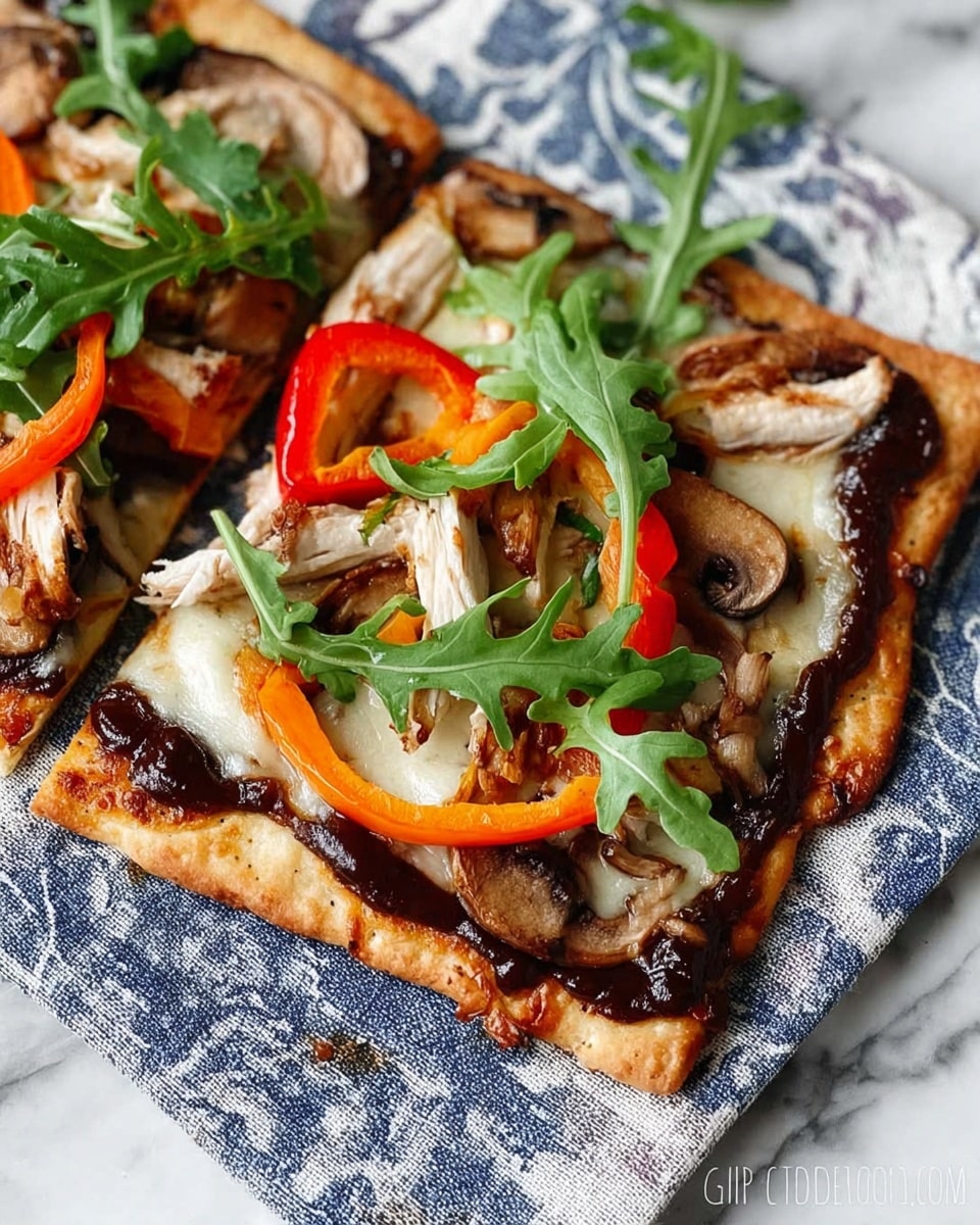 A close-up of a square slice of flatbread pizza held by a woman's hand, showing three visible layers: a thin, golden-brown crispy crust at the bottom, melted white cheese with some browned spots in the middle, and colorful toppings on top including bright green arugula leaves, red and orange sliced bell peppers, and small pieces of cooked light brown chicken mixed with dark grilled mushroom slices. There is also a drizzle of dark brown sauce across the toppings. The background is a white marbled surface with a small white bowl filled with dark sauce slightly blurred in the back, and another slice of pizza out of focus further behind. Photo taken with an iphone --ar 4:5 --v 7