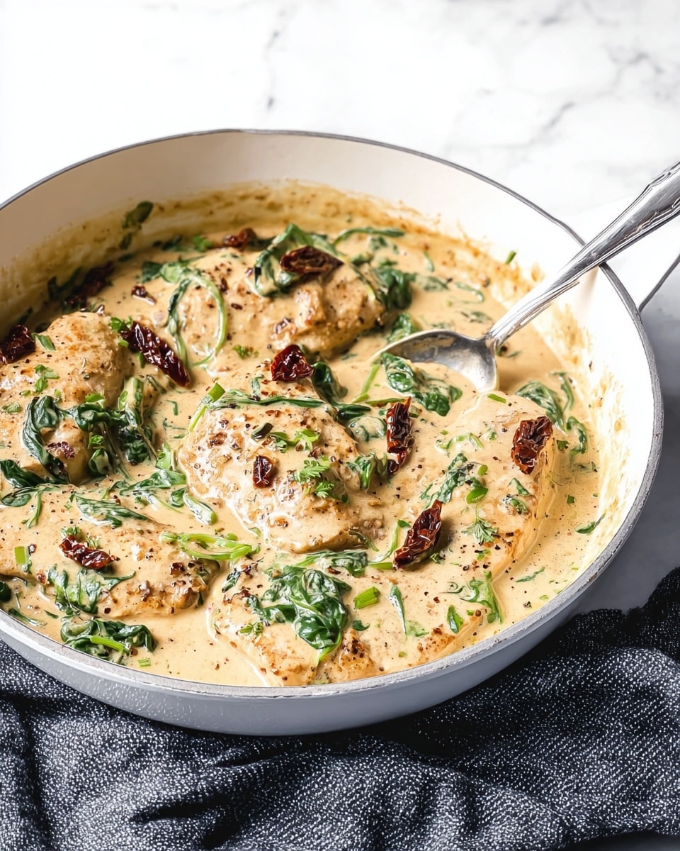 A white pan holds a creamy light beige sauce with herbs and green spinach leaves mixed in. Four pieces of cooked chicken are partly covered by the sauce, showing a light brown color with specks of black pepper and herbs. Small dark sun-dried tomato strips are scattered on top. A silver spoon rests inside the pan, partly submerged in the sauce. A dark gray textured cloth is placed next to the pan on a white marbled surface. Photo taken with an iphone --ar 4:5 --v 7