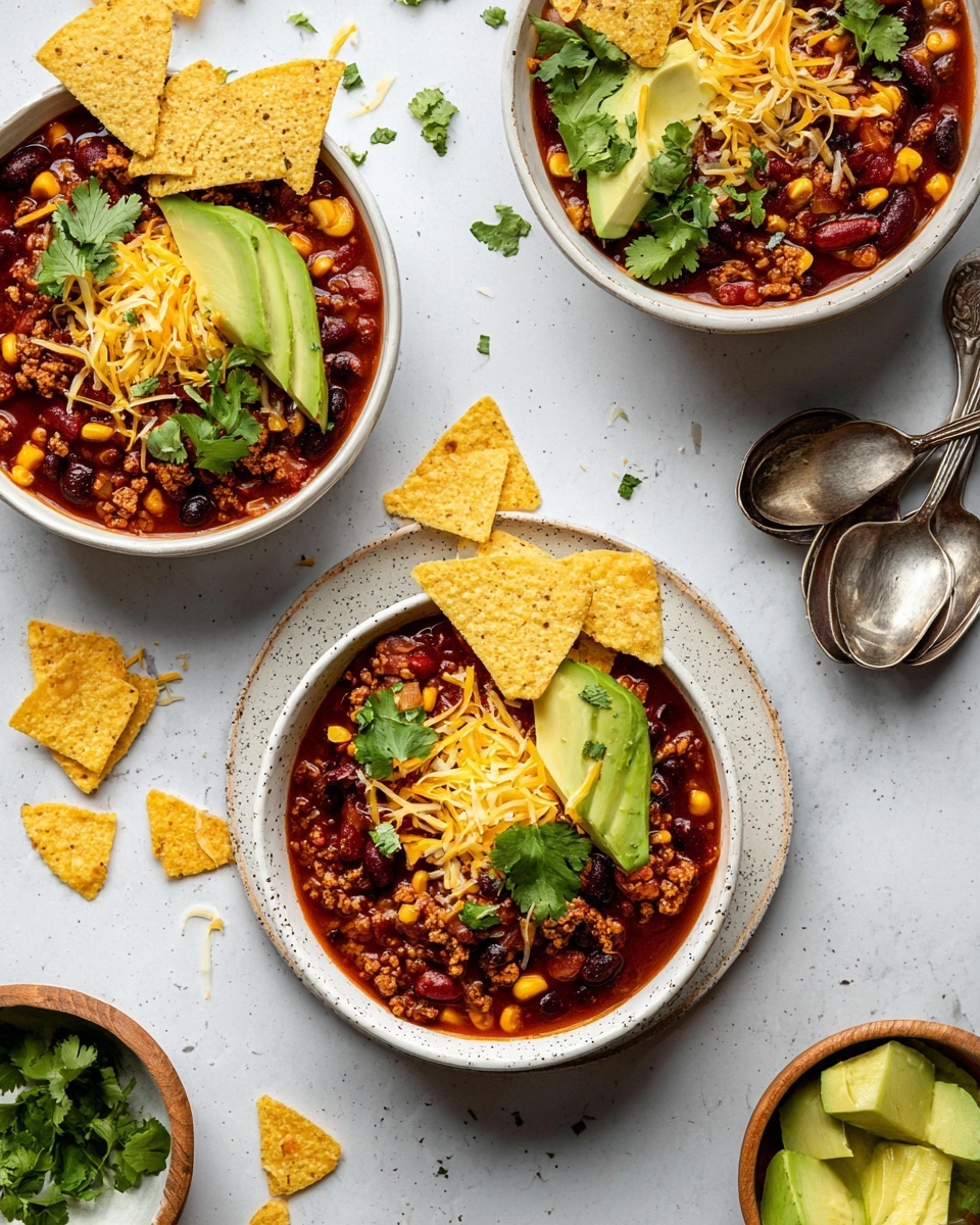 Three bowls of chili sit on a white marbled surface, each filled with layers of deep red chili with visible beans, corn, and ground meat. Each bowl is topped with bright yellow shredded cheddar cheese, fresh green cilantro leaves, and several slices of creamy green avocado. A few large, light yellow tortilla chips are placed standing upright in the chili in two of the bowls. One bowl is set on a speckled white plate with two old silver spoons to the side. Around the bowls are scattered tortilla chips, small wooden bowls holding fresh cilantro leaves and cheddar cheese, and a small bowl filled with sliced avocado. photo taken with an iphone --ar 4:5 --v 7