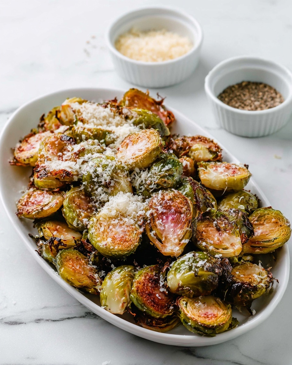 This image shows a white oval plate full of roasted Brussels sprouts, each cut in half. The Brussels sprouts have a crispy, golden-brown outer layer with some charred edges, while the inside layers are light green with hints of pinkish-red near the core. On top of the sprouts, there is a generous layer of grated white cheese, sprinkled unevenly. In the background on a white marbled surface, two small white ramekins can be seen; one contains light-colored coarse pieces, and the other has a dark ground spice. The photo taken with an iphone --ar 4:5 --v 7
