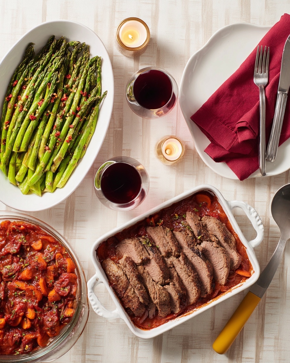 A white rectangular dish on the right is filled with sliced, browned meat layered closely side by side on top of a chunky red sauce with visible pieces of carrots and onions scattered around. To the left, a white oval dish holds bright green asparagus spears cooked with a slight shine and sprinkled with red pepper flakes. In the center, a round white plate holds a folded deep red cloth napkin with a knife and two forks resting on top. Near the bottom right, a large silver serving spoon with a mustard yellow handle lies on a white marbled surface. Two glasses of deep red wine are placed near the top center of the image and two small candles in golden holders sit at the bottom left corner, all arranged on the white marbled textured surface photo taken with an iphone --ar 4:5 --v 7
