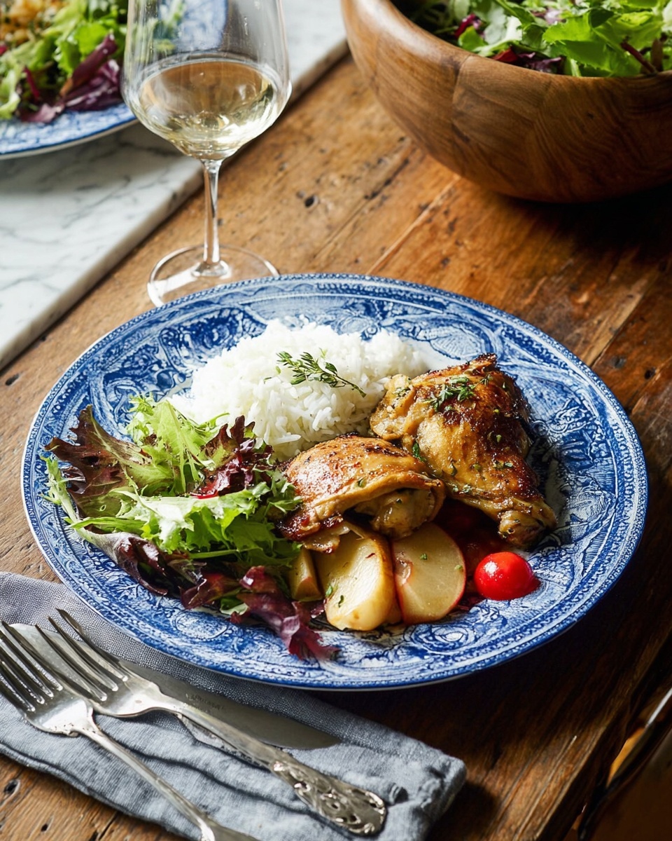 A blue plate with a detailed floral pattern holds a dish with three main layers: a bed of white fluffy rice on the left side, two golden-brown roasted chicken pieces with herbs and cooked apple slices on the right side, and a fresh salad at the bottom made of mixed leafy greens and small red cherry tomatoes. The plate is set on a wooden table with a gray cloth napkin beneath silver fork and knife. In the background, a wooden bowl with more leafy greens and a glass of white wine are visible, all resting on a white marbled surface. photo taken with an iphone --ar 4:5 --v 7