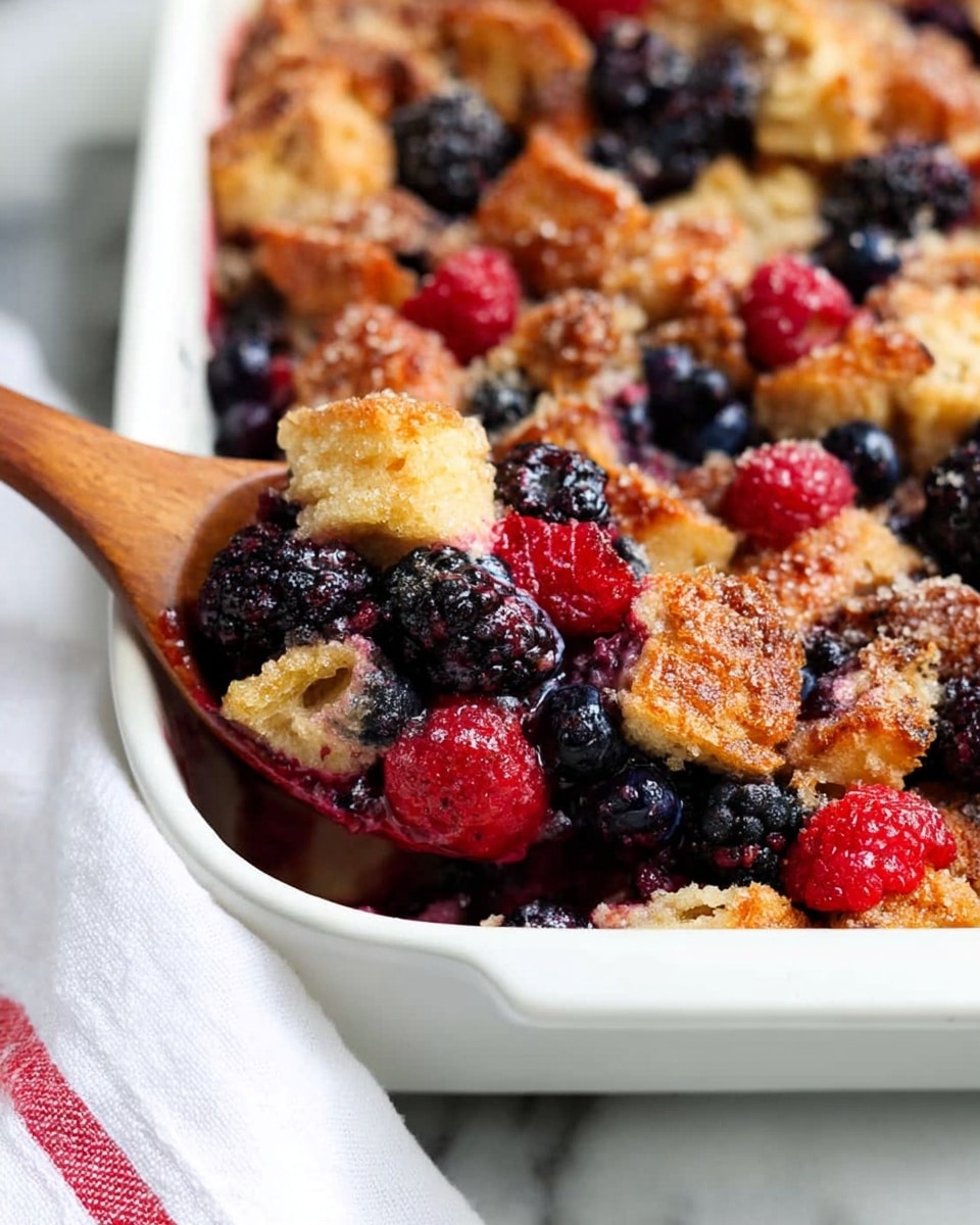 This dish has one main layer inside a white rectangular baking dish. The base layer shows uneven pieces of golden brown toasted bread with a rough texture. Scattered on top and throughout the bread pieces are many small round dark blue berries and sliced bright red strawberries, some slightly softened from baking. The surface is sprinkled with a golden crumbly topping, some parts darker brown and crisp around the edges. The dish is placed on a white marbled surface. Photo taken with an iphone --ar 4:5 --v 7