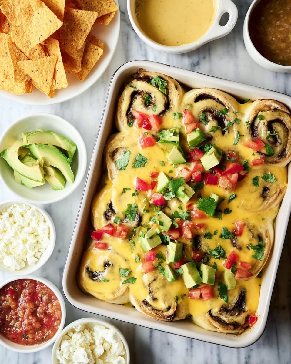 The image shows a baking pan filled with several rolled dough pieces covered in creamy yellow cheese sauce. The rolls are swirled with a dark filling that contrasts with the cheese sauce. On top of the cheese sauce, there are small pieces of diced green avocado, red tomato, and flat green cilantro leaves scattered evenly over the rolls. Around the pan, there are small white bowls with different contents: one with light green avocado slices, one with white crumbly cheese, one with light yellow cheese sauce, and two more bowls with reddish and green salsas. To the left of the pan, there is a white plate with crispy tortilla chips stacked loosely. The whole scene is set against a white marbled textured surface. photo taken with an iphone --ar 4:5 --v 7