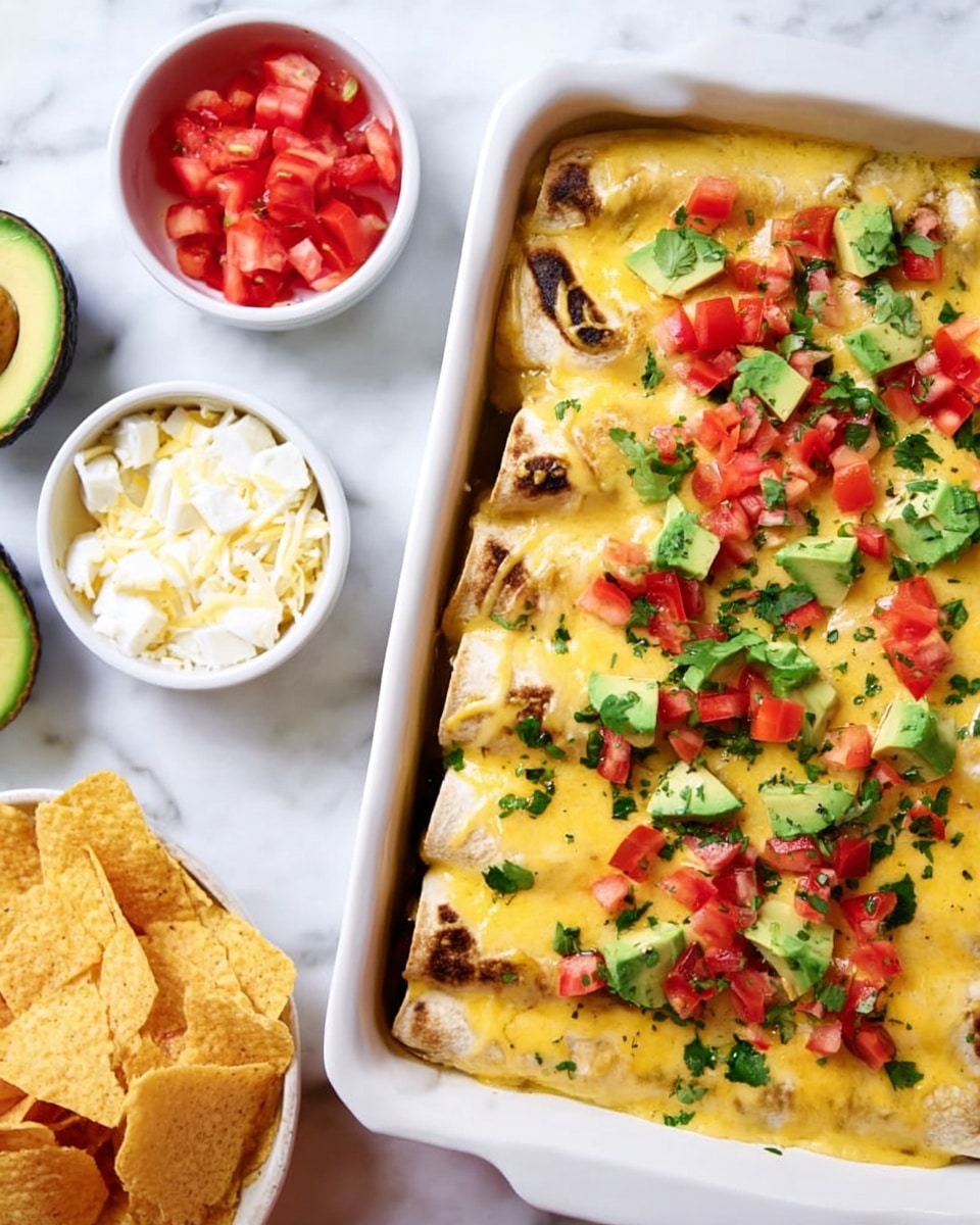 A white rectangular baking dish filled with rolled tortillas layered with melted yellow cheese sauce and baked until bubbly and lightly browned. The dish is topped with small, uneven chunks of red tomatoes, green avocado pieces, and fresh cilantro leaves scattered across the surface. Surrounding the baking dish on a white marbled surface are small white bowls containing diced tomatoes, chopped avocado, crumbled white cheese, and a pile of golden tortilla chips. The scene is bright and colorful with a fresh, homemade feel. Photo taken with an iphone --ar 4:5 --v 7