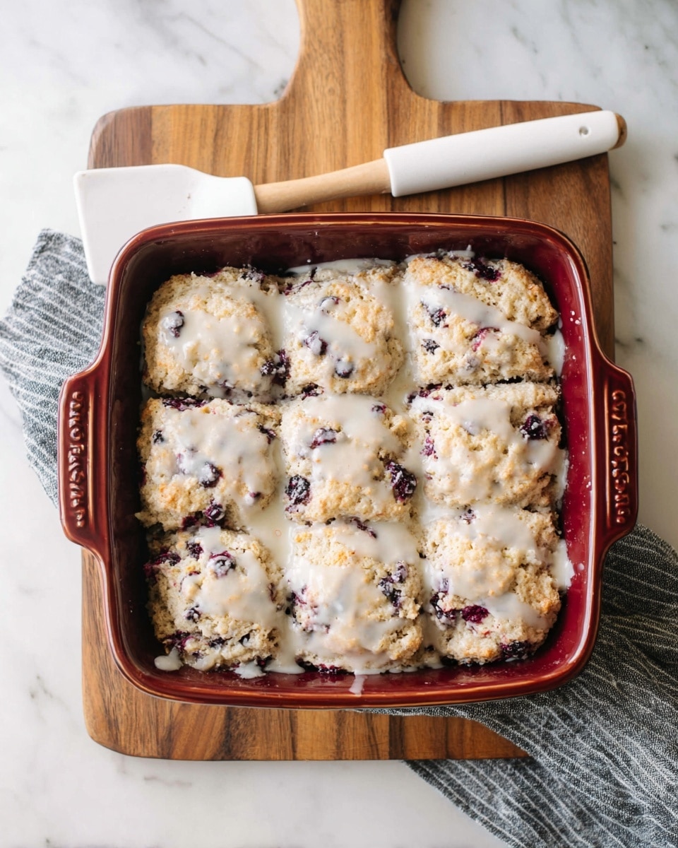 A square ceramic baking dish with a dark red rim holds a batch of baked scones arranged in three rows and three columns, nine scones in total. The scones are light golden brown with visible dark purple berries inside, giving a mix of rough, bumpy textures on top. A white glaze is drizzled unevenly across the top, pooling slightly on some parts of the scones. The dish sits on a wooden cutting board placed on a white marbled surface. A gray striped cloth with a white-handled spatula rests nearby. Photo taken with an iphone --ar 4:5 --v 7