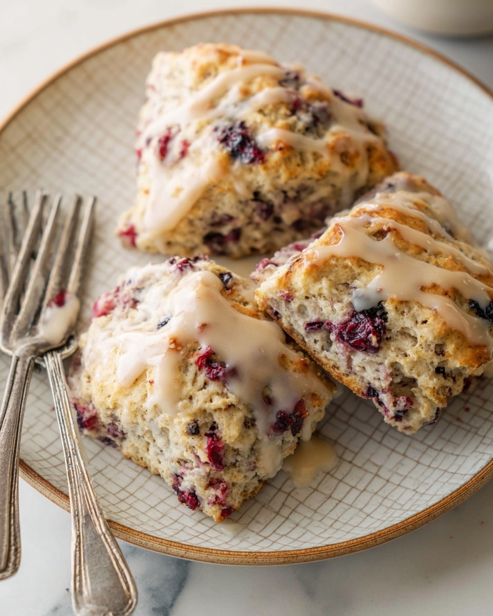 Three square scones sit close together on a white plate with a light grid texture and a light brown rim, placed on a white marbled surface. Each scone has a rough, crumbly texture with visible bits of dark purple and red berries mixed inside. The tops are golden brown in spots, with a shiny, light tan glaze drizzled unevenly over them, adding a smooth contrast to the rough scones. Two silver forks with detailed handles rest on the white marbled surface near the bottom left corner of the plate. Photo taken with an iphone --ar 4:5 --v 7