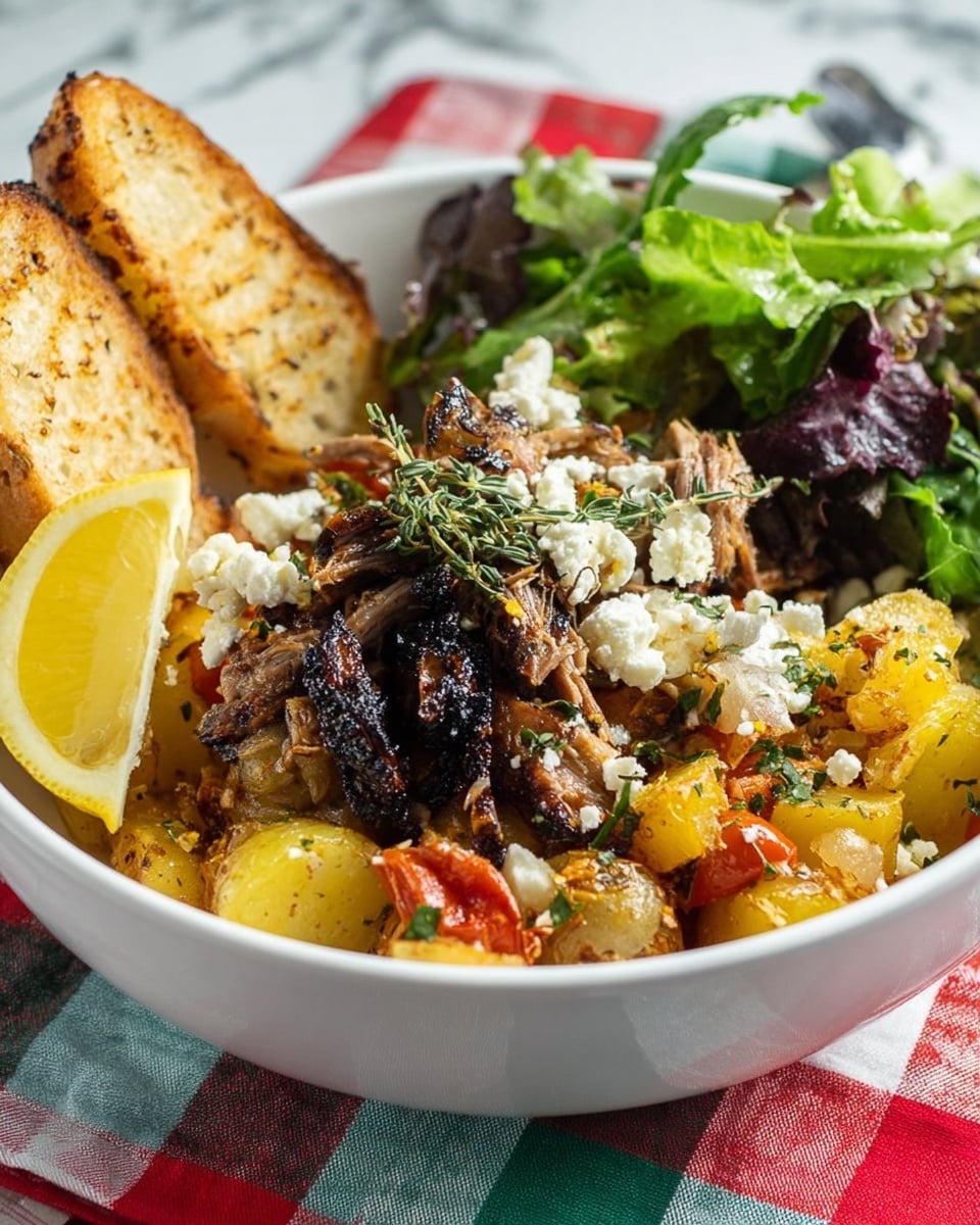 A white bowl holds a colorful layered meal, beginning with a base of roasted golden potatoes mixed with small red pieces and sprinkled with green herbs. On top of the potatoes, there are dark, shredded pieces of meat with a blackened charred edge, topped with white crumbles of soft cheese and sprigs of fresh thyme. A lemon wedge is placed near the front edge of the bowl. To the side of the bowl, there are two toasted slices of bread with a golden-brown crust. In the back of the bowl, there is a small pile of fresh green salad leaves, some with a hint of purple. The bowl sits on a green and white checked cloth with a red and white checked cloth in the blurred background on a white marbled surface. photo taken with an iphone --ar 4:5 --v 7