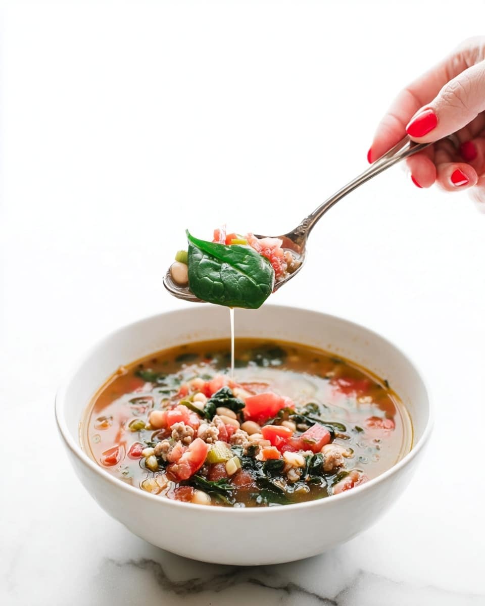 A white bowl filled with a clear broth soup showing layers of small, soft red tomato pieces, leafy dark green spinach, small beige beans, and crumbled light brown meat. On top, a woman's hand with red nail polish holds a silver spoon lifting a scoop of soup that includes all these ingredients with a green spinach leaf hanging down. The background and surface are white with a marbled texture. photo taken with an iphone --ar 4:5 --v 7