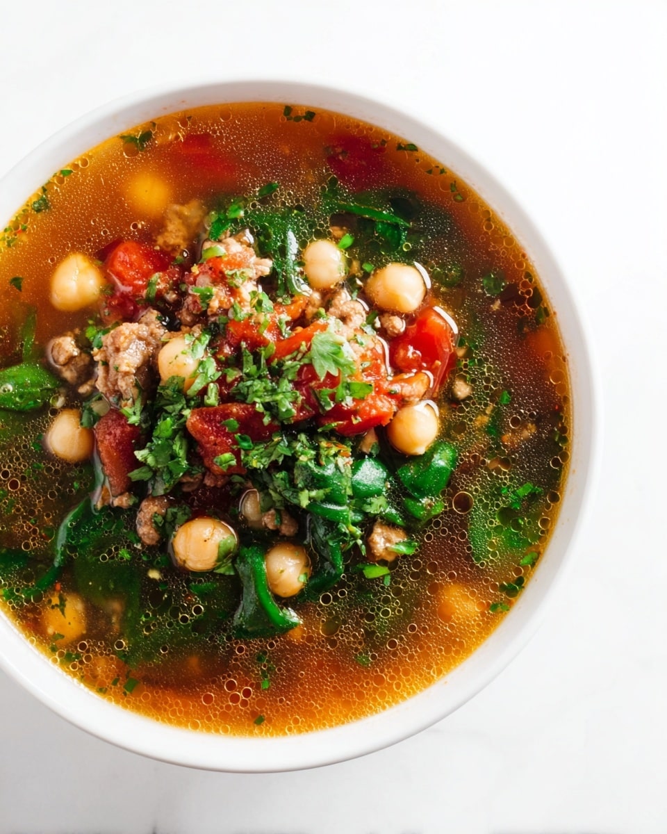 A white bowl filled with a chunky soup on a white marbled surface, showing three main layers: the base is a clear, reddish-brown broth with small bubbles, the middle layer contains round light beige chickpeas and pieces of cooked ground meat, and the top layer has bright green chopped herbs and spinach leaves mixed with vibrant red tomato chunks, creating a fresh and colorful look, photo taken with an iphone --ar 4:5 --v 7
