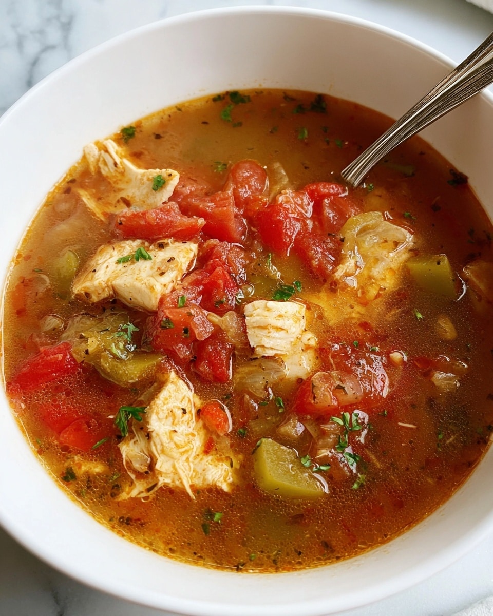 This image shows a white bowl filled with a chunky soup. The soup has several visible layers: pieces of light beige chicken, bright red tomato chunks, and light green bell pepper pieces mixed throughout. The broth is a warm reddish-brown color, somewhat clear, with some small green herb bits sprinkled on the surface. There is a spoon in the bowl resting on the right side. The background is a white marbled surface. photo taken with an iphone --ar 4:5 --v 7