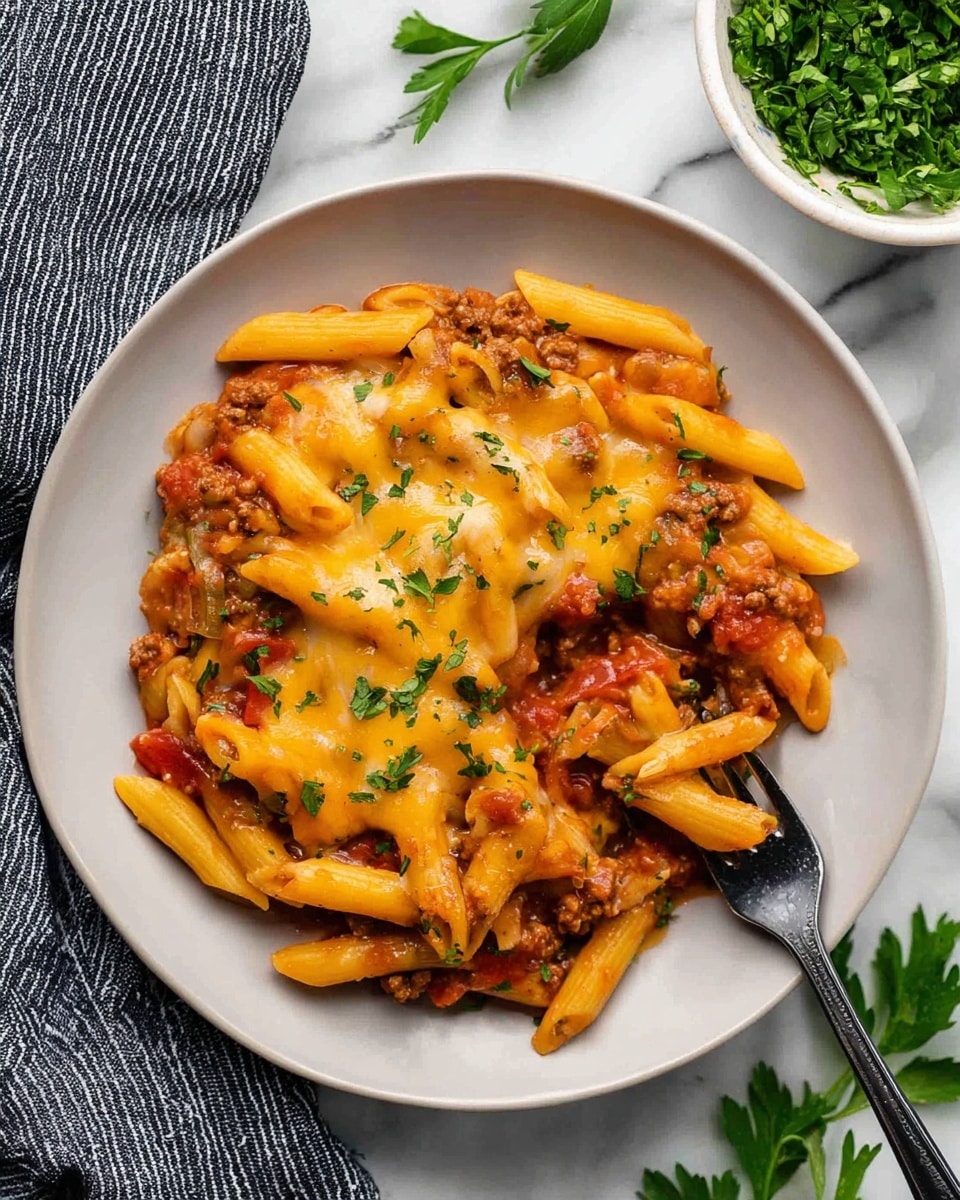 A white plate filled with three main layers: the bottom layer is a chunky red tomato sauce with bits of cooked ground meat and small pieces of tomato, the middle layer is yellow penne pasta mixed into the sauce, and the top layer is melted light yellow cheese spread unevenly over the pasta, sprinkled with chopped green herbs. A silver fork holds a bite of pasta on the right side of the plate. The plate is set on a white marbled surface with a bowl of chopped green herbs in the upper right corner and fresh green parsley leaves in the upper left corner, along with a black and white striped cloth near the bottom left. Photo taken with an iphone --ar 4:5 --v 7